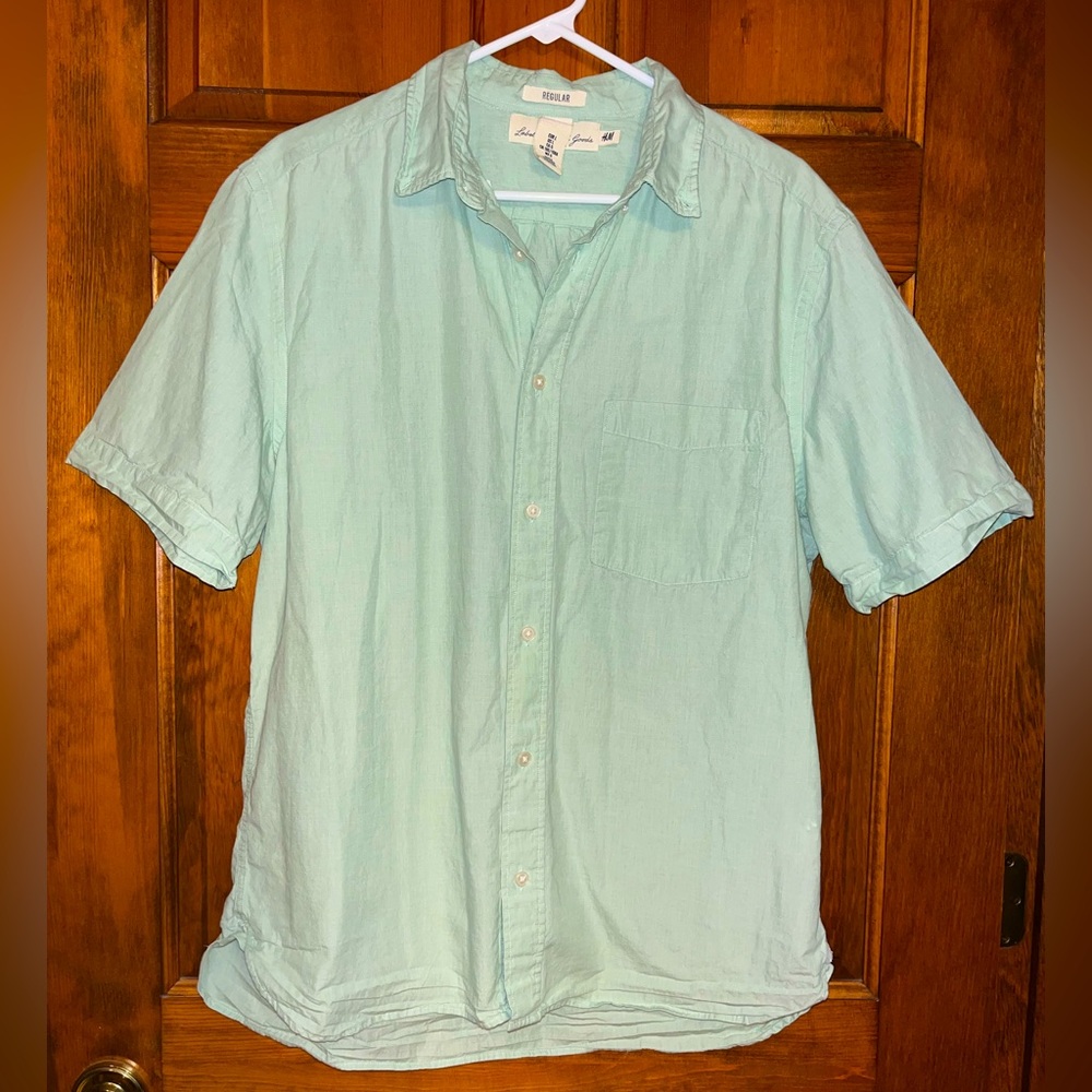 H&M Sage Green Men’s Short Sleeve Cotton Button Down, Size Large